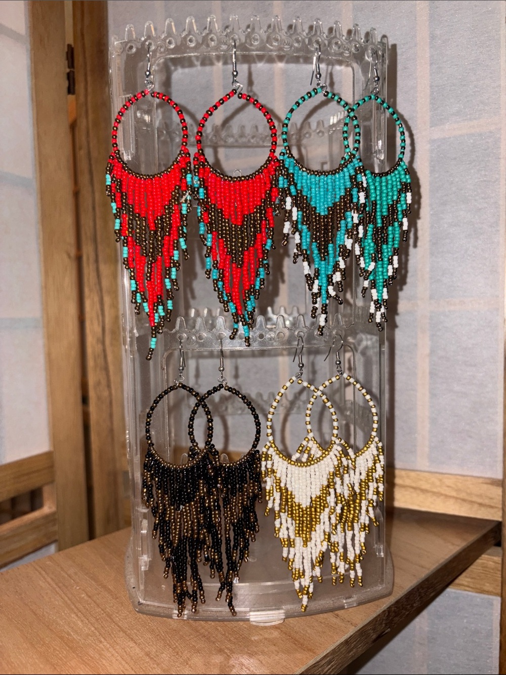 Handmade Beaded Earrings - Turquoise, Black, Red, & White - 4 Pair Lot